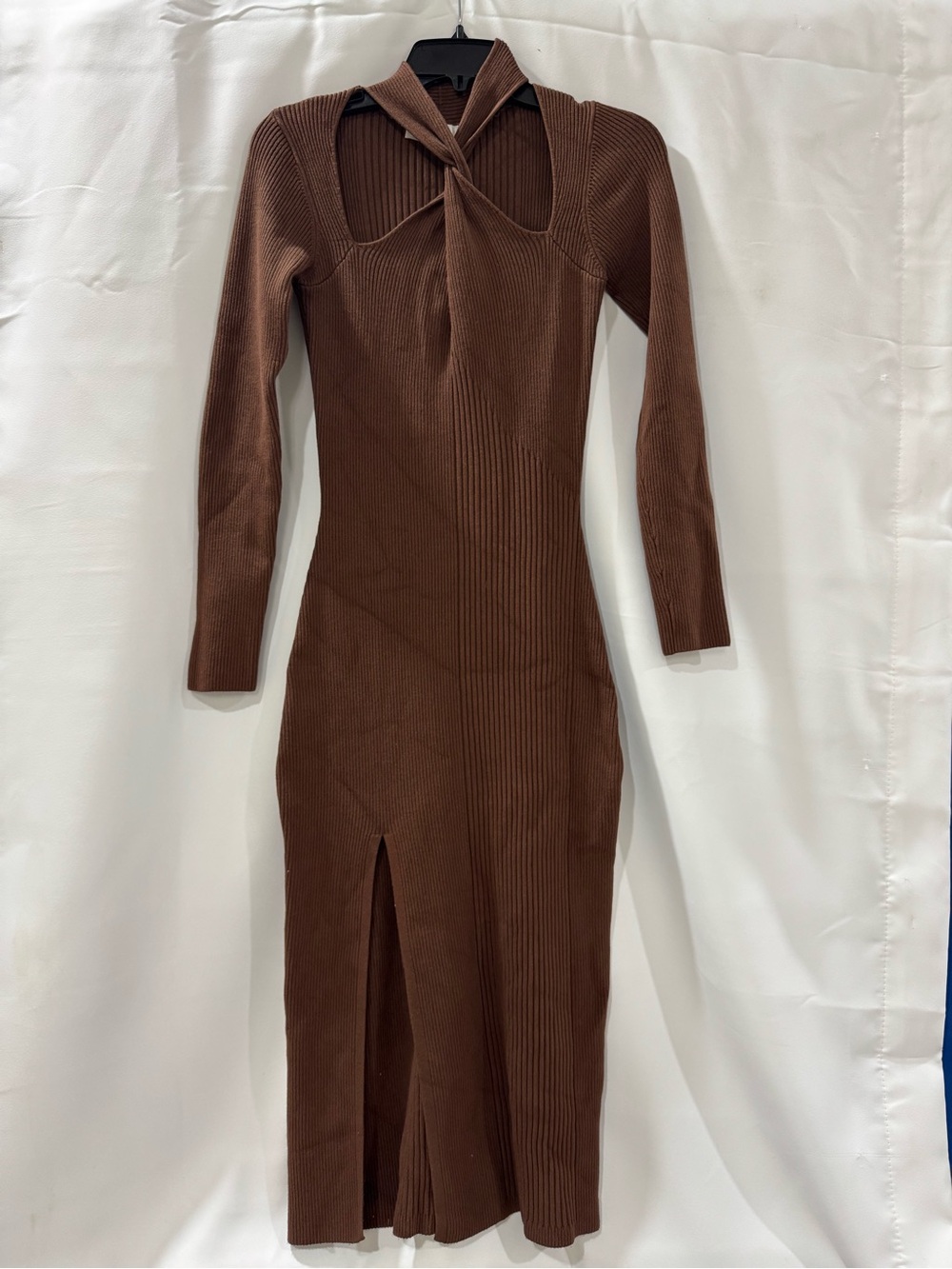 Astr Brown Ribbed Knit Midi Dress with Tie Neck and Front Slit